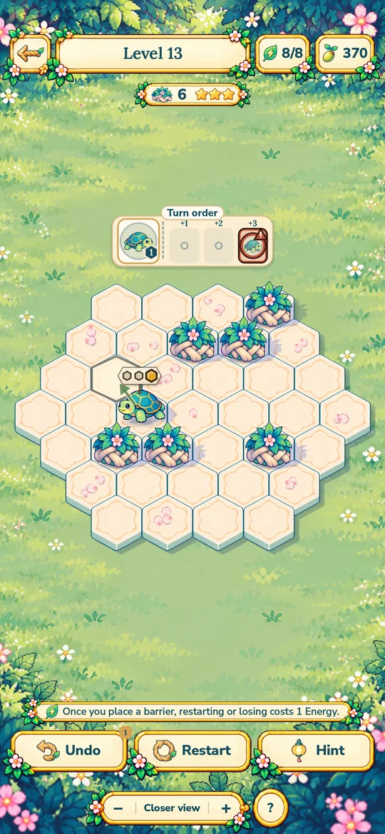 Level 13: a hex board with a turtle, root barriers and the turn-order strip.