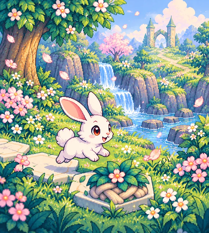 A rabbit hops toward a hex tile where a braided root barrier has grown.
