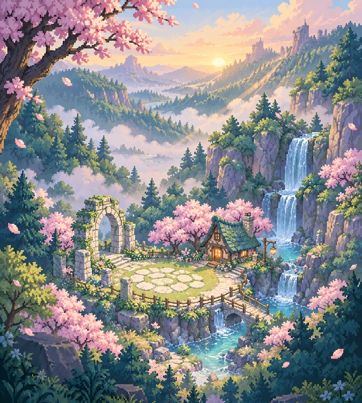 Pixel-art valley at sunrise with a waterfall, a stone arch and a small cottage among blossom trees.