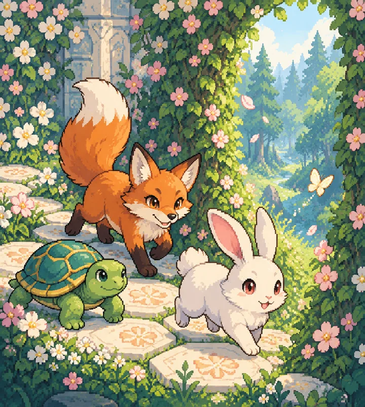A fox, a rabbit and a turtle sneak along a path of hex tiles toward a gap in the hedge.